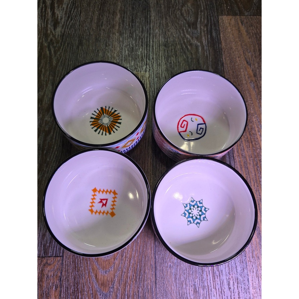 Signature Housewares Stoneware Bowls Set of 4 Boho Geometric Tribal Patterns - Picture 3 of 4